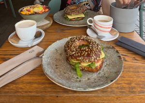 I promise the bagel tasted better than it looks like in this picture!  at Ubuntu in Tenerife