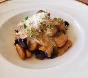 Bicolor sweet potato gnocchi and mushrooms at Oak Food Beer & Wine in Coimbra