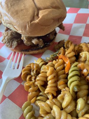 Chicken sandwich with Rasta pasta  at Vegan Planet Café in Norfolk