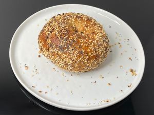 everything bagel (plated at home) at Mt. Bagel in Seattle