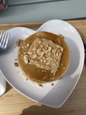 Pancakes with Peanut butter and chocolate sauce, yummie    at Saludê Pastelaria Fit in Lisbon