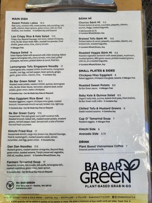 Plant based menu at Ba Bar Green in Seattle