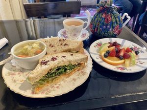 “The Hildreth” sandwich (minus cream cheese), veggie soup, and fresh fruit side at Columbia Kate's Teahouse in Columbia