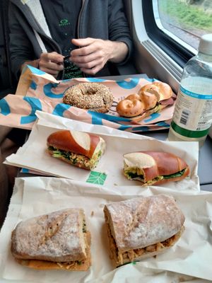 4 different sandwiches. Vastrami, smoked valmon, veggs and vham. at Bakery Bakery - HB in Zurich