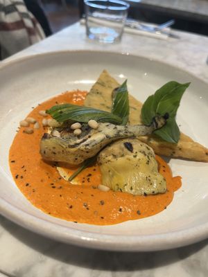 roman artichokes, panelle, roast pepper pine nut cream, basil  at Mildreds - Covent Garden in London