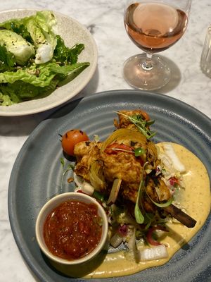 GF ‘chicken’ kebabs, side salad & orange wine  at Mildreds - Covent Garden in London