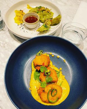 Spinach gyoza and gunpowder bonds  at Mildreds - Covent Garden in London