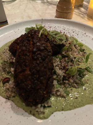 Mercimek Kofte: carrot lentil quinoa kofte, grape herb freekeh, tahini cream  at Mildreds - Covent Garden in London
