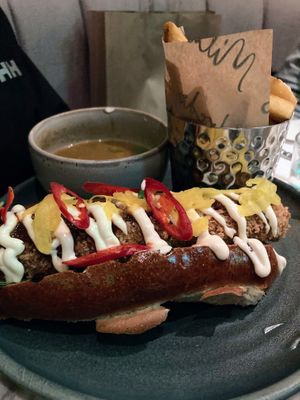Katsu hot dog with fries   at Mildreds - Covent Garden in London