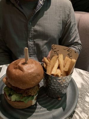 BBQ chick’n* burger:
southern fried plant chick’n, chipotle bbq sauce, dill pickles, brioche bun  at Mildreds - Covent Garden in London