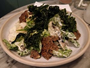 Grilled artichoke caesar - Tenderstem broccoli, crispy kale, seeded crackers, capers at Mildreds - Covent Garden in London