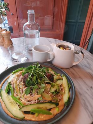 Soba noodles with tempeh balls and fresh lemon-ginger tea at Mildreds - Covent Garden in London