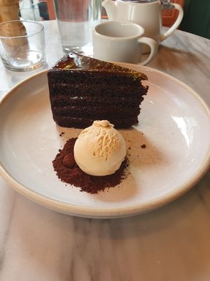 Chocolate cake with salted caramel ice cream at Mildreds - Covent Garden in London