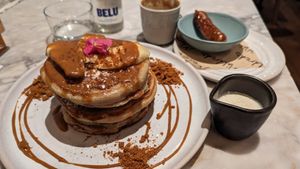 banana biscoff pancakes
cookie crumbs, speculoos caramel, vanilla maple cream at Mildreds - Covent Garden in London