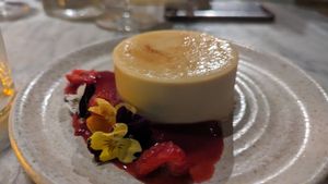 crème brúlèe
bergamot cherry compote, pistachio rose praline at Mildreds - Covent Garden in London