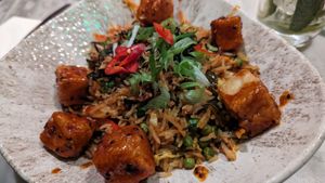 bokkeumbap
kimchi fried rice, clean bean salt & pepper tofu, crispy shallot,
gochujang, chilli, nori at Mildreds - Covent Garden in London