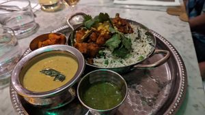 kiri hodi
sri lankan coconut curry leaf sauce, sweet potato green bean sabzi, pineapple achar, cashew coconut sev, pea basmati, mint mango chutney at Mildreds - Covent Garden in London