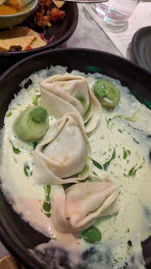 My favorite of all at the meal -- wild mushroom tortelloni
caramelised leek cream, green sage oil
or 5 pieces at Mildreds - Covent Garden in London