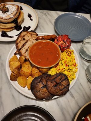 Full English. Blueberry pancakes at Mildreds - Covent Garden in London