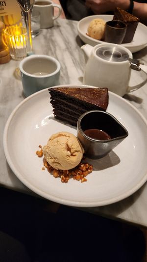 Chocolate cake w salted caramel ice cream at Mildreds - Covent Garden in London