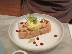 Focaccia filled with spicy v’egg mayo. at Mildreds - Covent Garden in London