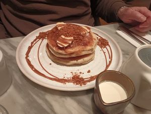 Buttermilk pancake double stack: banana biscoff caramel. at Mildreds - Covent Garden in London