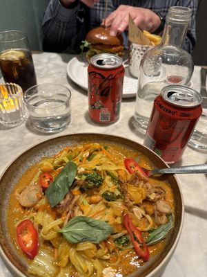Pineapple curry and spicy chik’n burger and Coke Zeroo  at Mildreds - Covent Garden in London