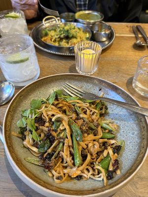 Lime Mocktails, curry dish, and Dan Dan noodles  at Mildreds - Covent Garden in London