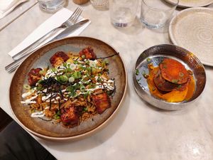 'salt & pepper tofu bokkeumbap' - kim chi fried rice, salt pepper organic tofu, sweet gochujang chilli dressing, garlic aioli, shredded nori ($16.80) + roast sweet potato ($4) at Mildreds - Covent Garden in London