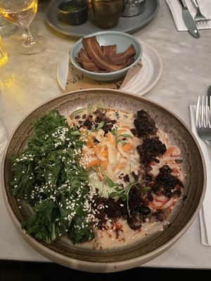 Shiitake tempeh tan tan & bacon in background  at Mildreds - Covent Garden in London