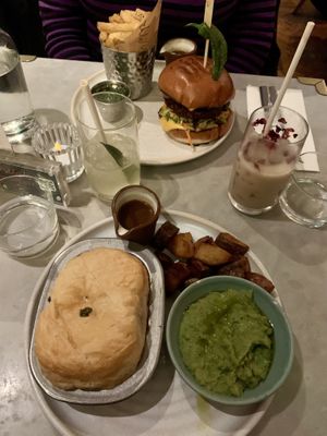 Mushroom and ale pot pie with smashed peas and triple cooked potatoes   at Mildreds - Covent Garden in London