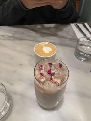 Rose oat chai and flat white  at Mildreds - Covent Garden in London