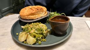 Mushroom pie, potatoes & mushy peas  at Mildreds - Covent Garden in London