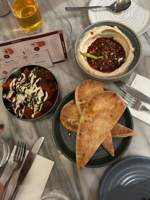 Salsa macha hummus, pitta and cherry harissa patatas bravas at Mildreds - Covent Garden in London