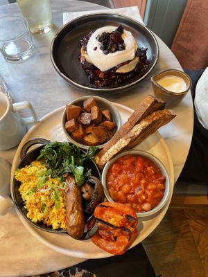Full English breakfast (below), berries and cream pancakes (above).  at Mildreds - Covent Garden in London