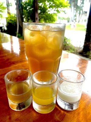 Venezuelan “Lemonade” (big glass) and juice samples  at Kaxapa Factory in Playa Del Carmen