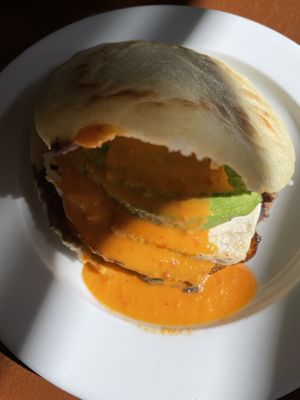 Arepa chevere with tofu instead of cheese. With habanero salsa.  at Kaxapa Factory in Playa Del Carmen