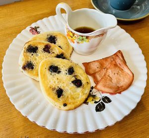 Blueberry pancakes, bacun and maple syrup   at Bread and Butterflies in West Bridgford
