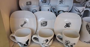 hand drawn espresso cups and saucers at Bread and Butterflies in West Bridgford