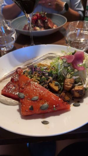 Seared watermelon with smoked tofu and bulgur    at Le Coupe-Chou in Paris