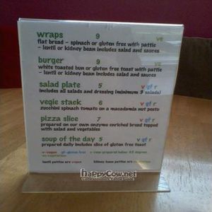 Partial menu at Club Zing in Perth