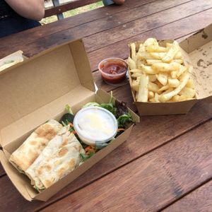 Falafel roti wrap with salad and hummus, rosemary chips  at Chocolate Dragonfly in The Basin