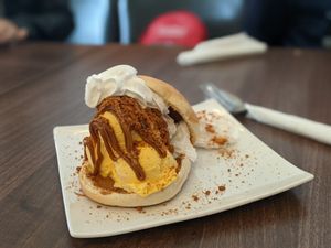 Yes! This is a Vegan Icecream Burger. What the....! at Cadwaladers in Porthcawl