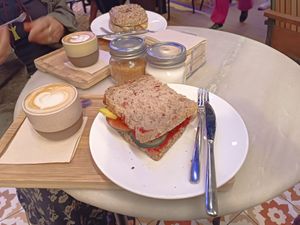 Toast and cappuccino are vegan at Cafe Fika in Pamplona