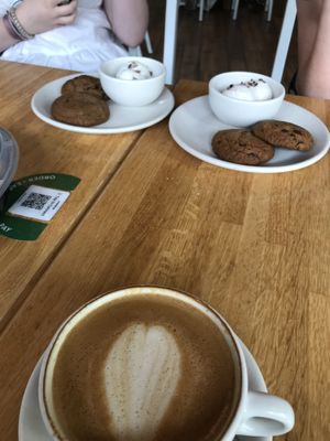 Vegan/GF chocolate chip cookies and vanilla (coconut milk) ice cream with an oat milk latte at True Food Kitchen in Santa Monica