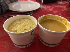 Polenta on left / butternut squash soup  at True Food Kitchen in Newport Beach