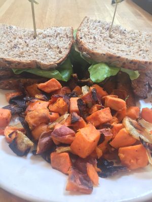 TLT (tempeh lettuce tomato) sandwich & sweet potatoes yum! at True Food Kitchen in Newport Beach