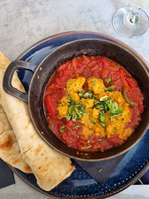 Vegan shakshuka with baked tofu scramble and flatbread at Lake Road Brunch in Keswick