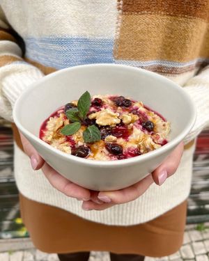 Oatmeal on soy milk with homemade berry jam and walnut at Flat in Lisbon