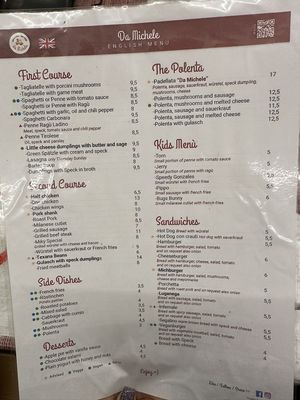 menu in Englishh  at Da Michele Pozza in Pozza Di Fassa